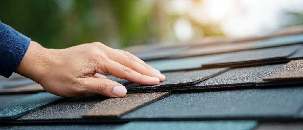 Hand touching textured roof shingles
