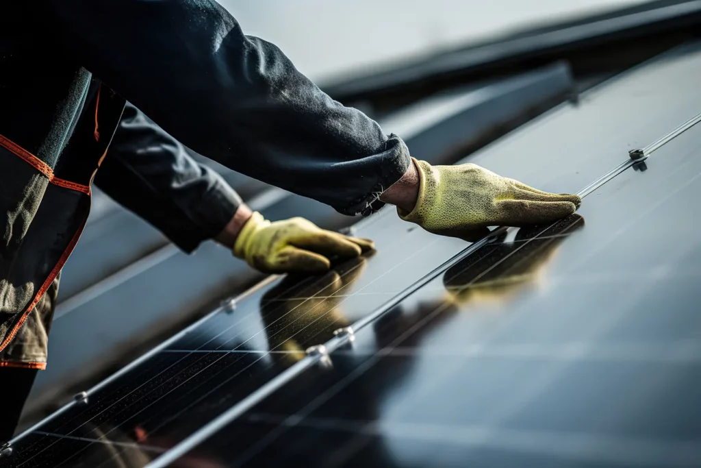 Man installing solar panel on a commercial roof, showcasing an integration strategy