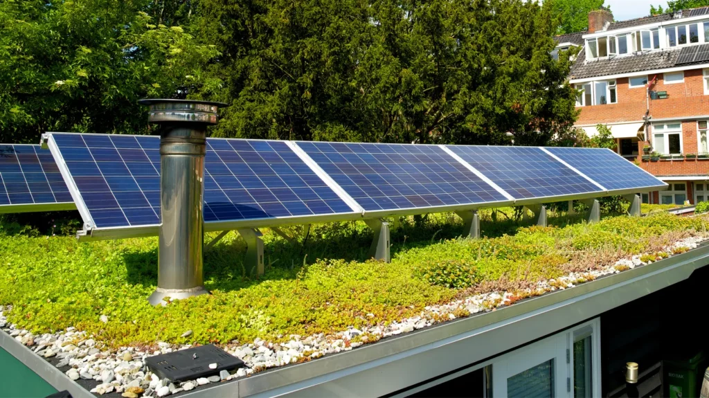 A green roof with solar panels, showcasing some of the 7 Cutting-Edge Trends in Commercial Roofing Systems