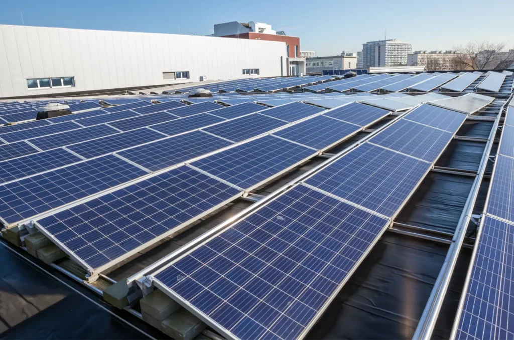 Solar panels installed at an angel, showing that integrating solar panels in commercial roofs is efficient.