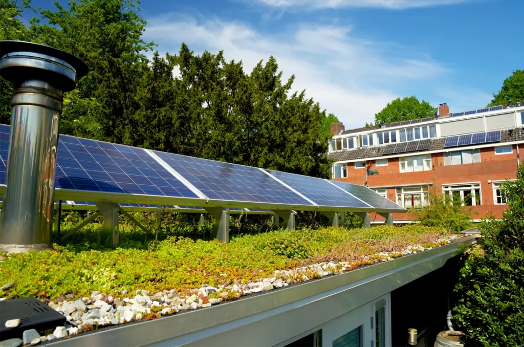 A beautiful business roof that was built with sustainable roofing materials to reduce costs.