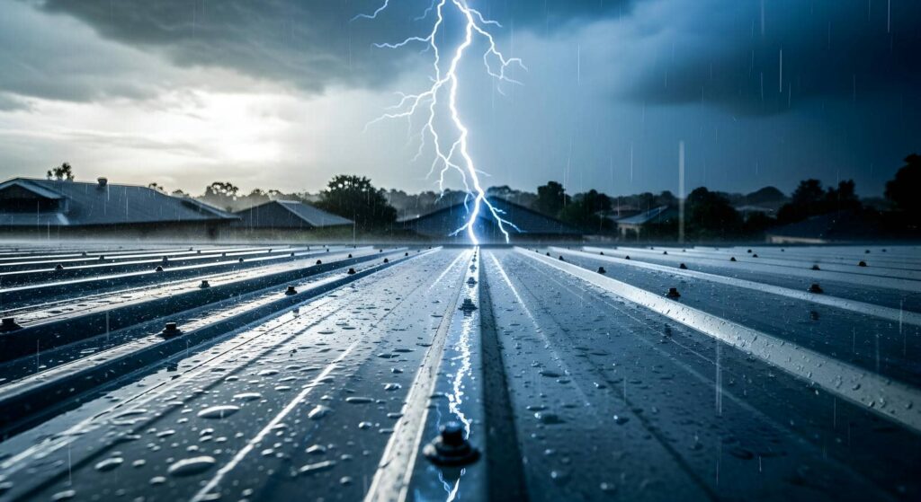 Lightning strikes during heavy rain.