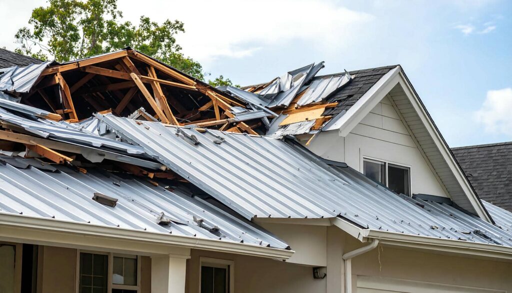 Severely damaged metal roof after storm