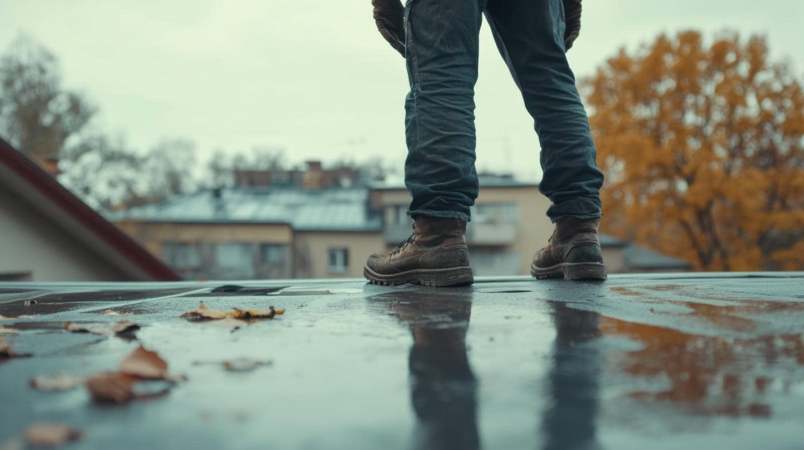 flat roof|Shiny flat roof reflecting sunlight.|Gray asphalt shingles on sloped roof|Modern house with metal roofing design|Flat roof with urban background and trees|Metal roofs under a blue sky|Aerial view of a modern roof.|Worker repairing a flat roof.|Modern metal roof with sleek design|Workers applying coating on flat roof.|Person walking on flat roof surface|Two workers installing roofing material.|Applying coating on a flat roof|Hand inspecting asphalt shingles on roof