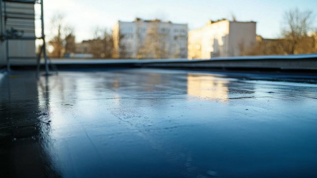 Shiny flat roof reflecting sunlight.