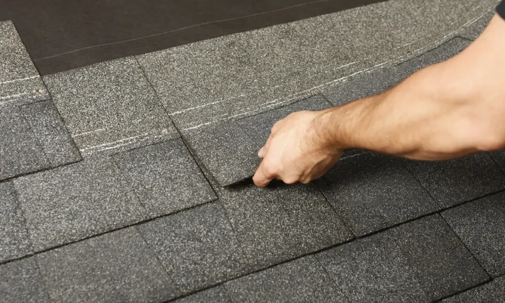 A hand lifting a gray asphalt roof shingle during installation.