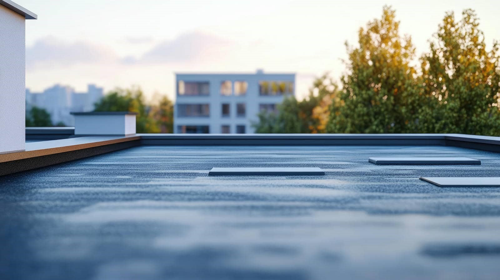 Flat roof with urban background and trees