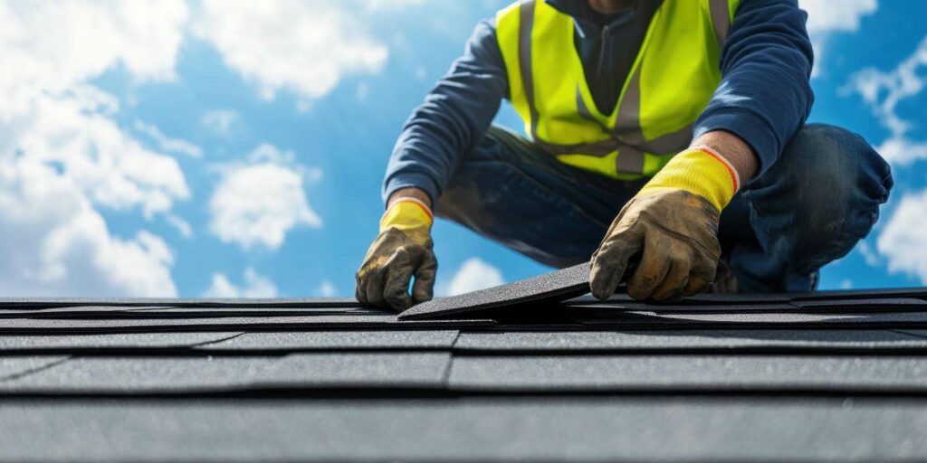 Worker in gloves and safety vest installing shingles on a roof under a blue sky.