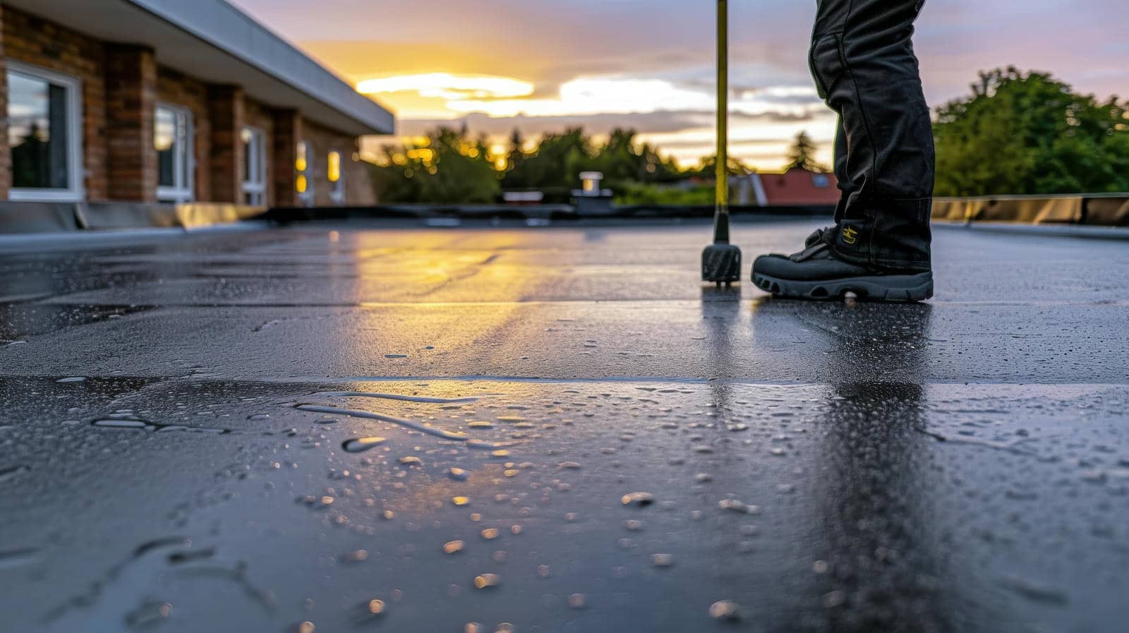 Person inspecting wet flat roof