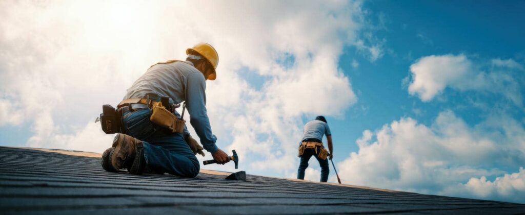 Workers installing roofing under blue sky.