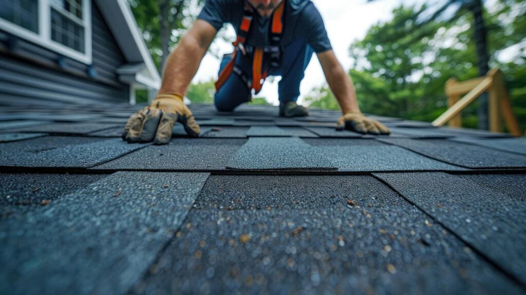 Worker wearing gloves and harness installing asphalt shingles on a roof.