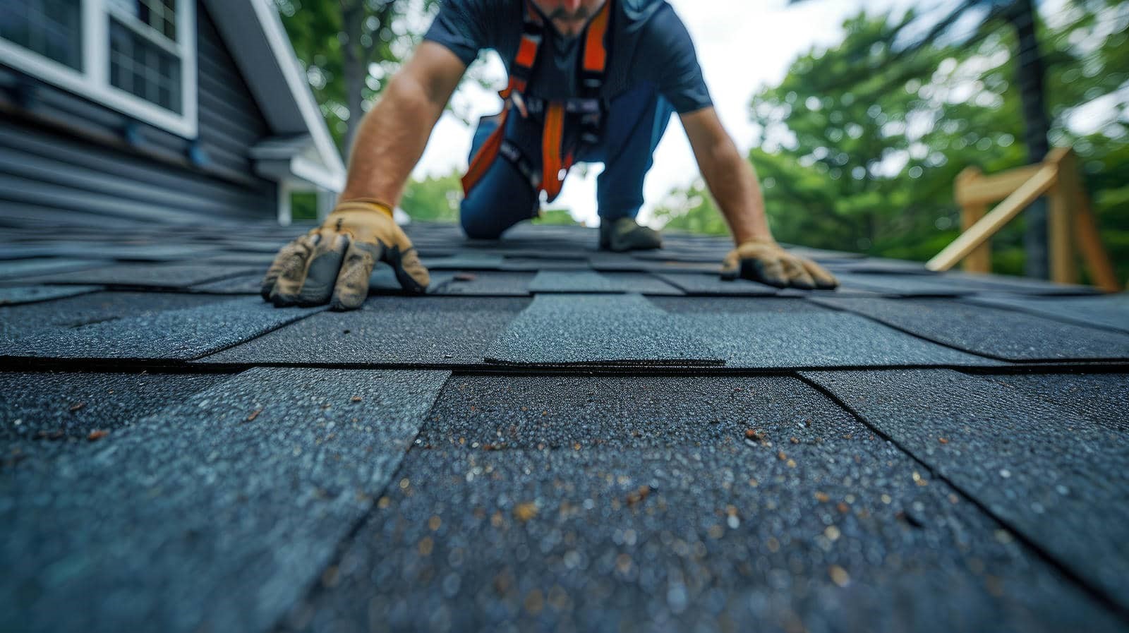 Worker wearing gloves and harness installing asphalt shingles on a roof.