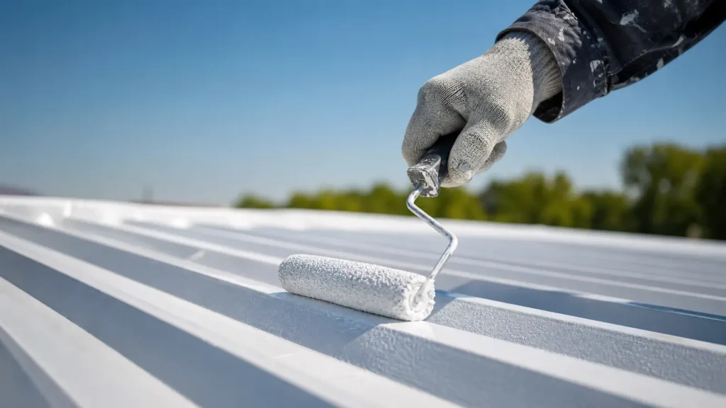 Gloved hand painting a corrugated metal roof with a roller.