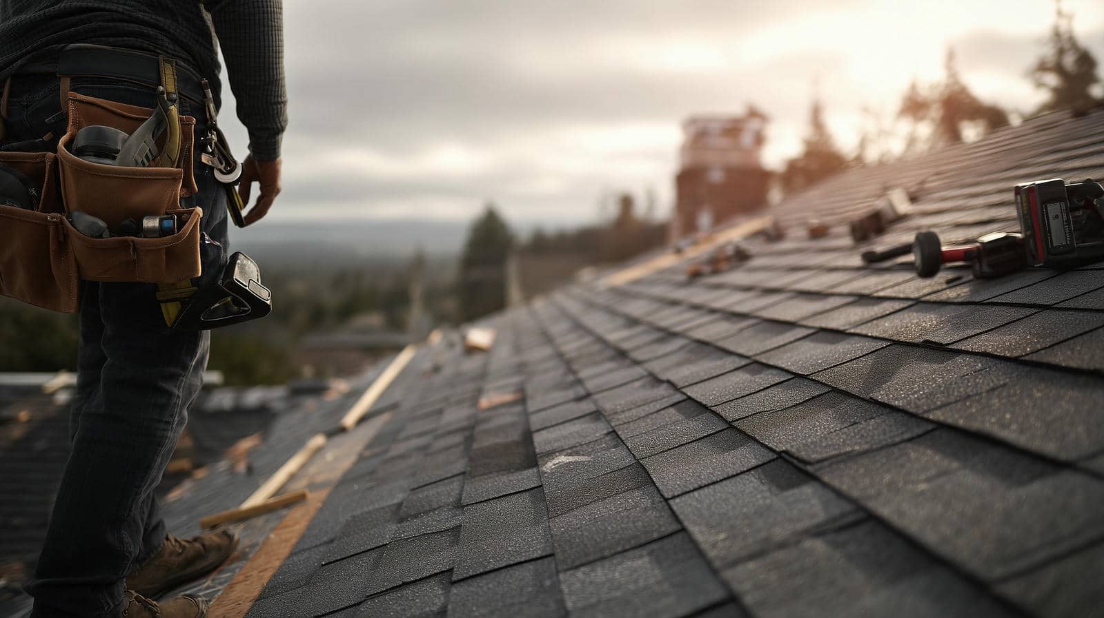 A roofer wearing a tool belt stands on a shingled roof with tools scattered nearby.