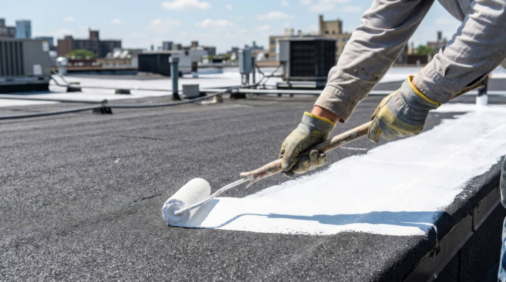 Worker painting a flat rooftop with a roller.
