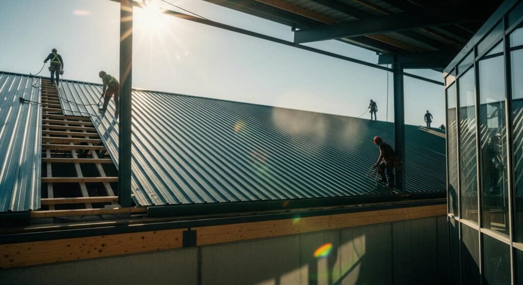Workers wearing safety gear install a metal roof under bright sunlight.