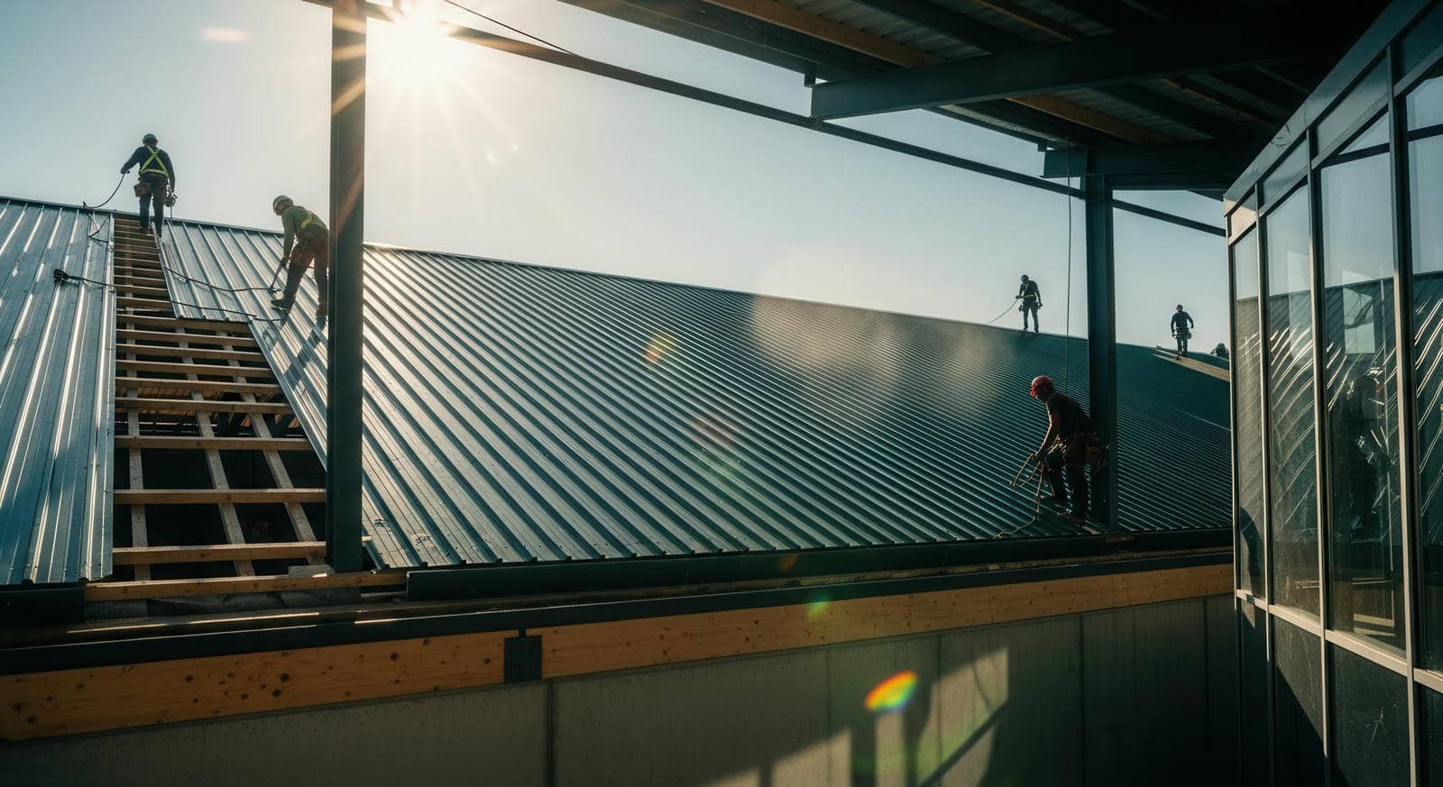 Workers wearing safety gear install a metal roof under bright sunlight.