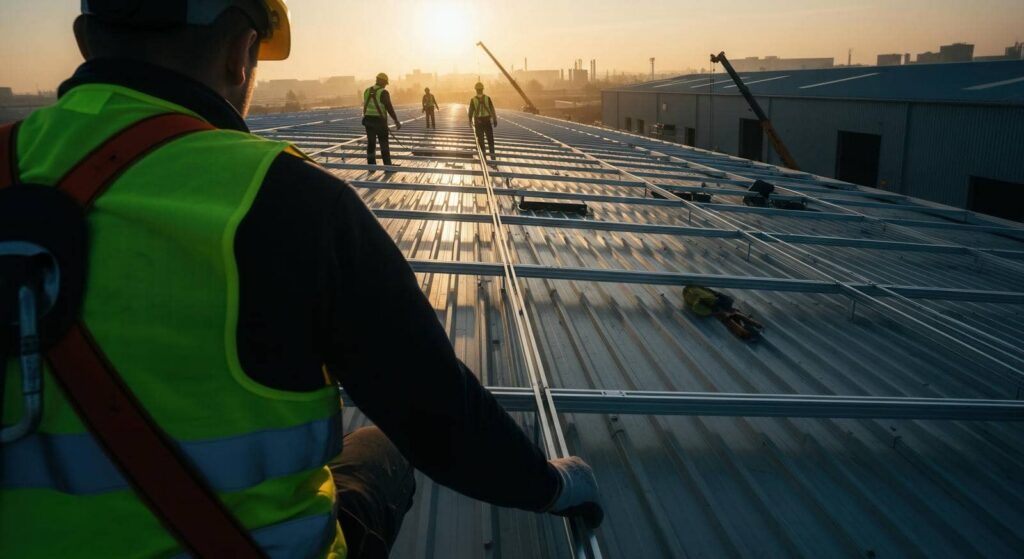 Construction workers in safety gear installing metal framework on a large rooftop at sunset.