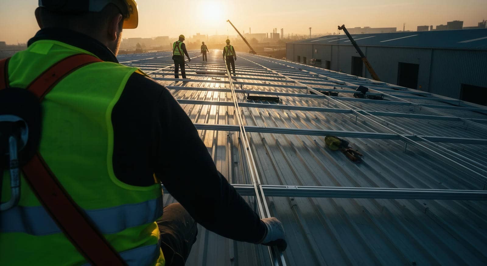 Construction workers in safety gear installing metal framework on a large rooftop at sunset.