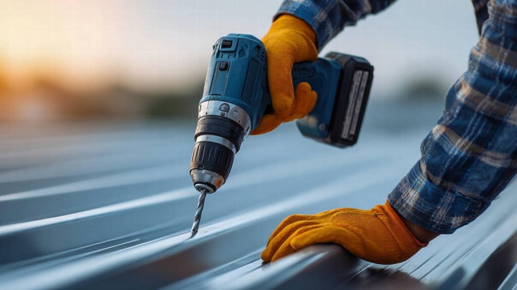 Person wearing orange gloves using a cordless drill on a metal surface.