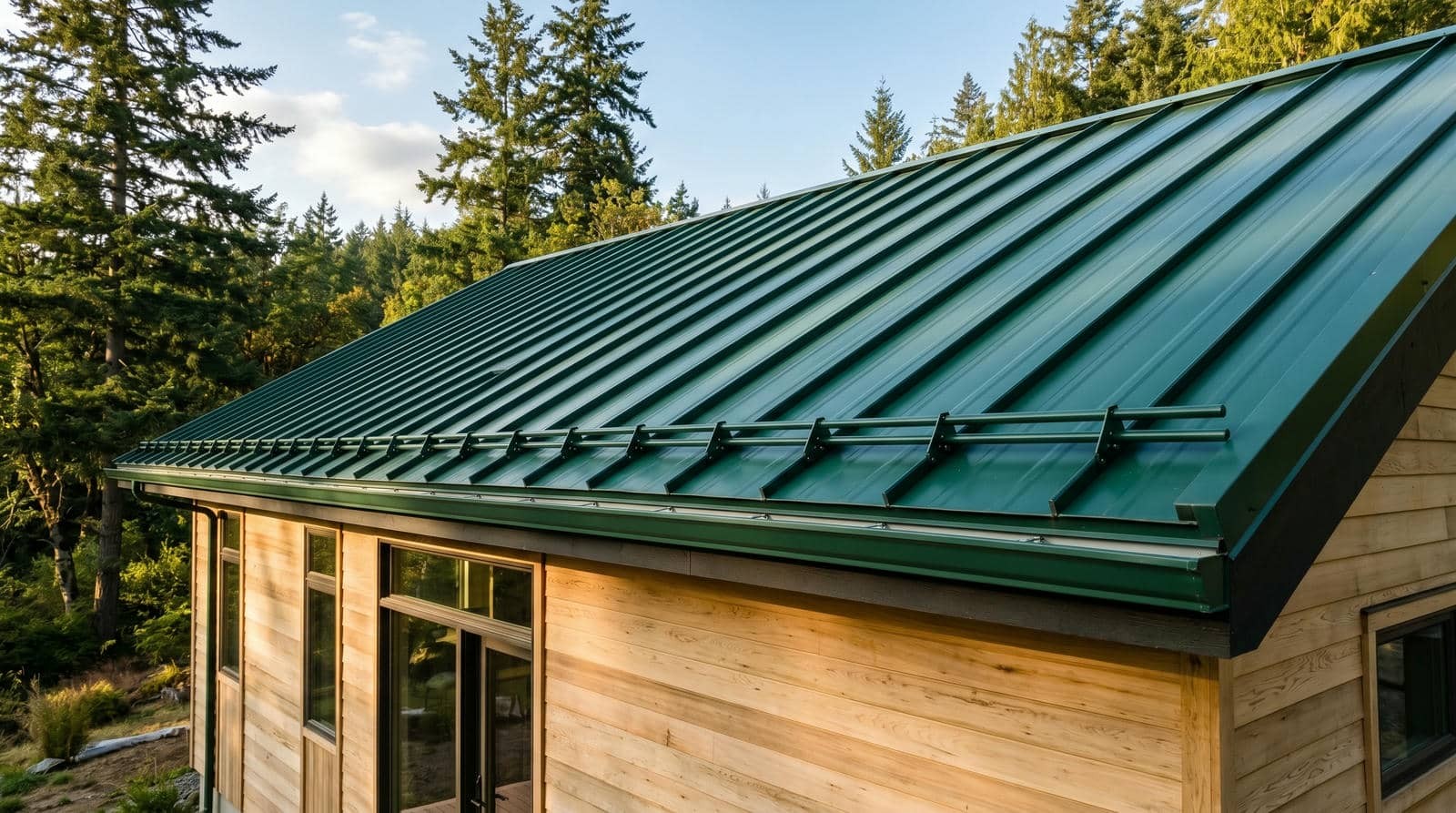Green metal roof on a wooden cabin surrounded by tall evergreen trees.