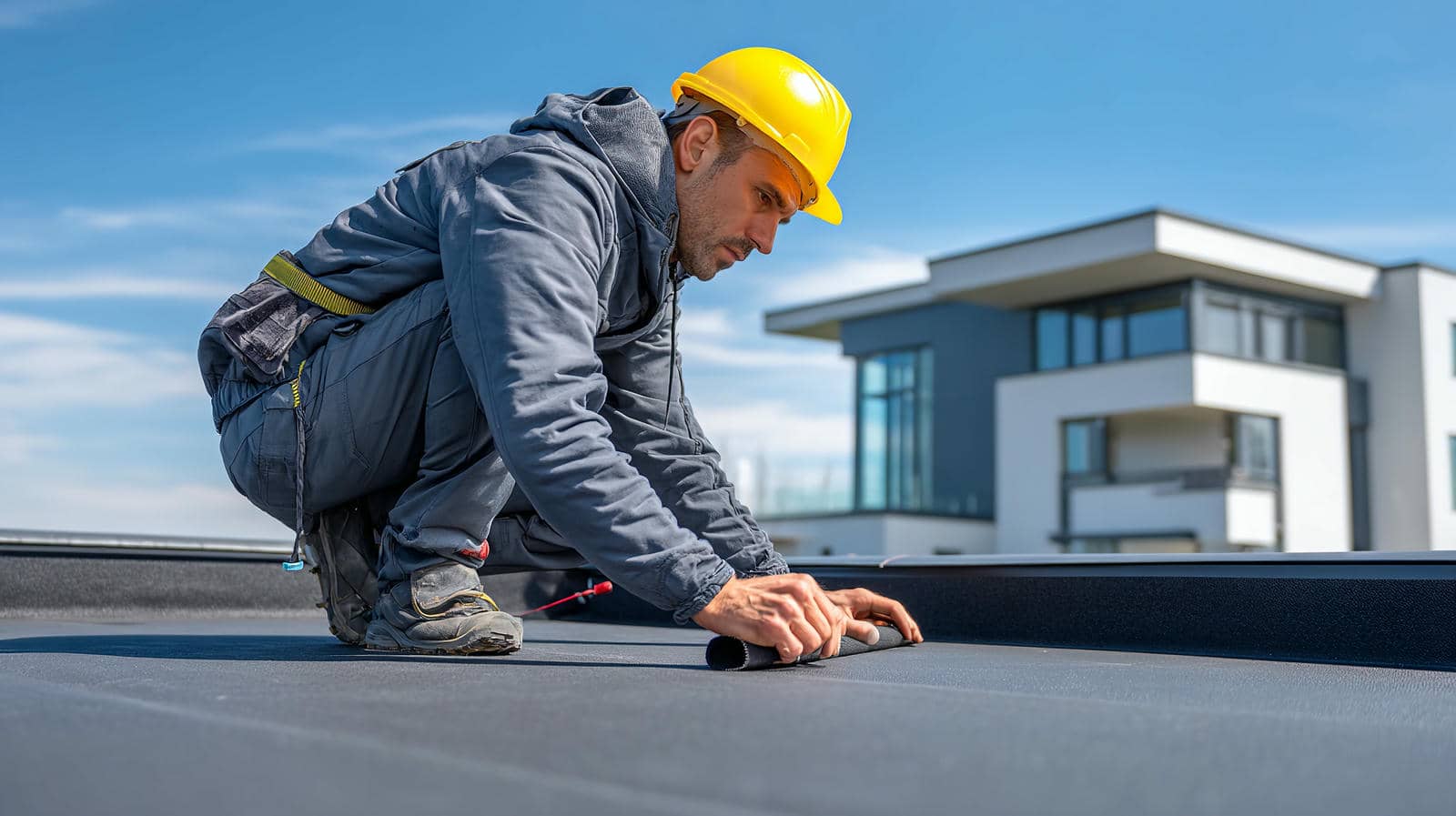Construction worker in a yellow helmet installing roofing material on a flat roof.
