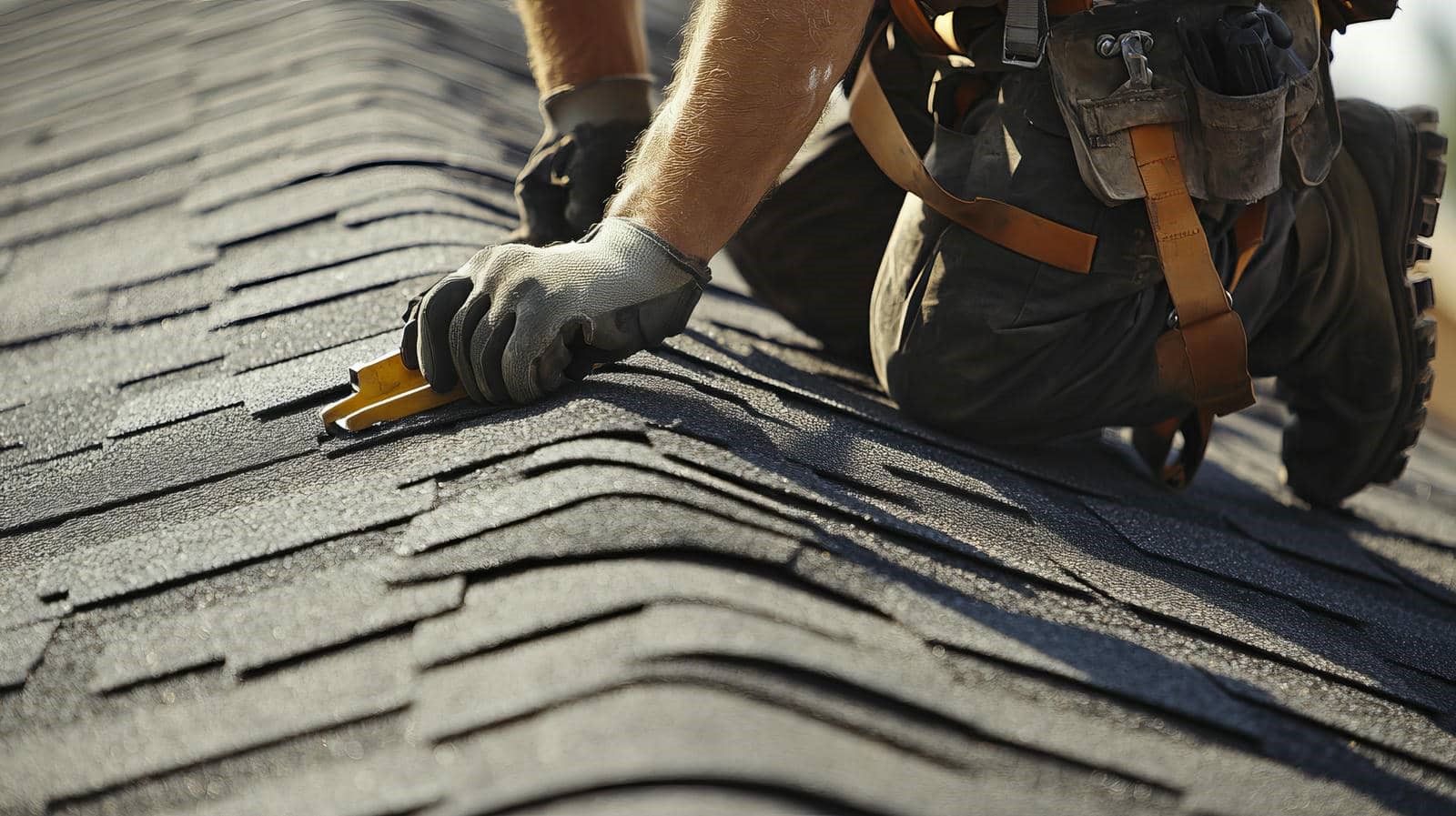 Worker wearing gloves and harness cutting shingles on a roof with a utility knife.