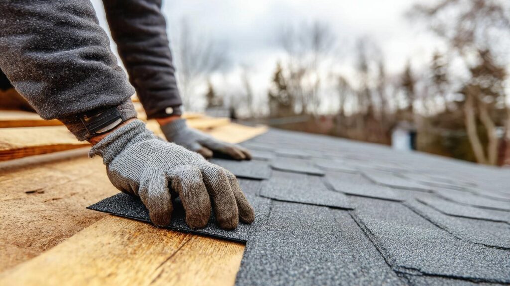 Person installing shingles on roof