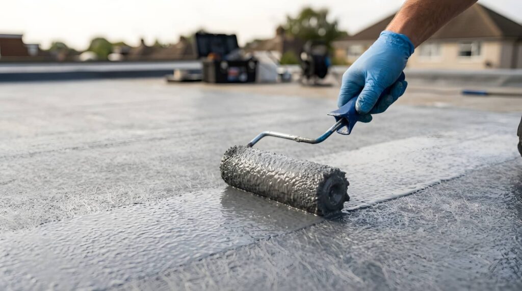 Gloved hand rolls waterproof coating on a flat roof.