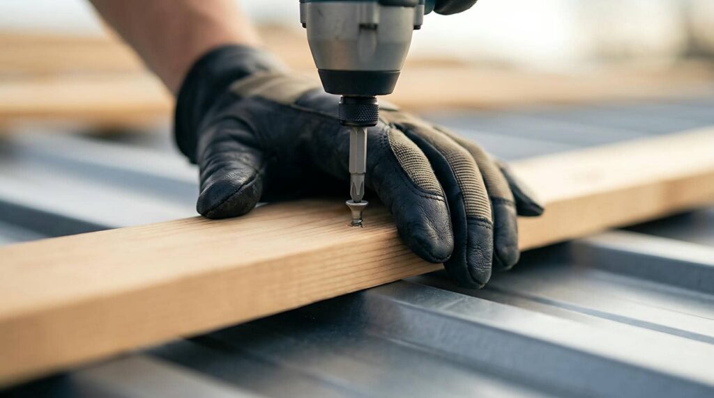 Hand in black glove using a power drill to screw into a wooden plank.