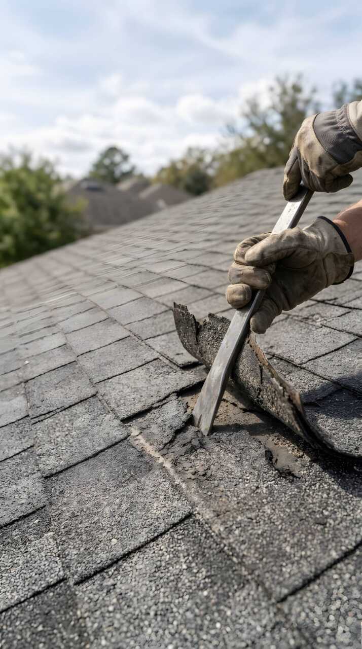 Gloved hands pry up damaged shingles on a roof.