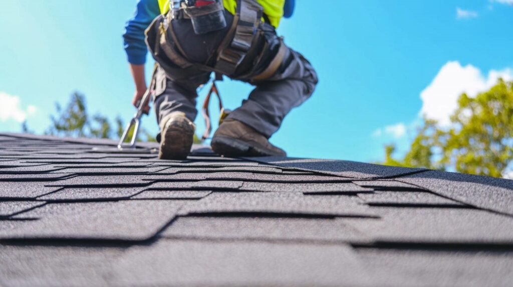 Roofer wearing safety gear kneeling on a shingled roof under a clear blue sky.