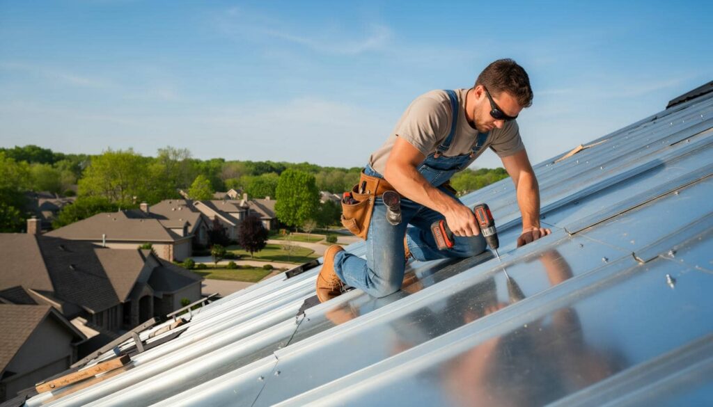 Man wearing sunglasses and tool belt drills screws into a metal roof on a sunny day.