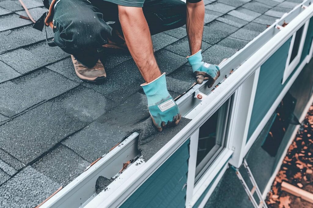 Person wearing gloves cleaning debris from a house gutter on a roof.