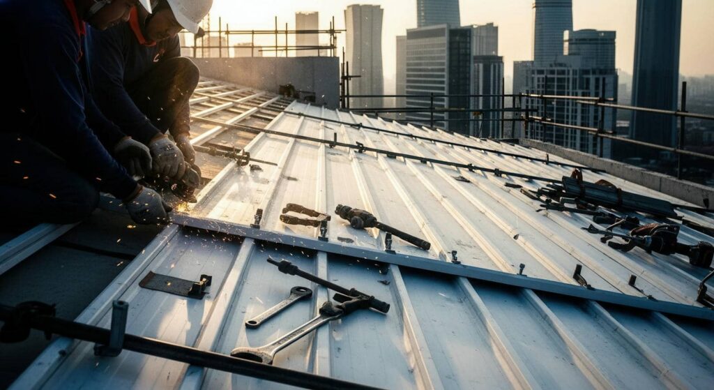 Two construction workers in helmets cutting metal on a rooftop with city buildings in the background.
