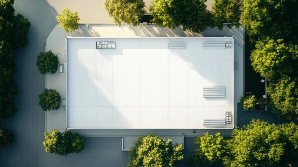 A rectangular white rooftop surrounded by green trees casting shadows.
