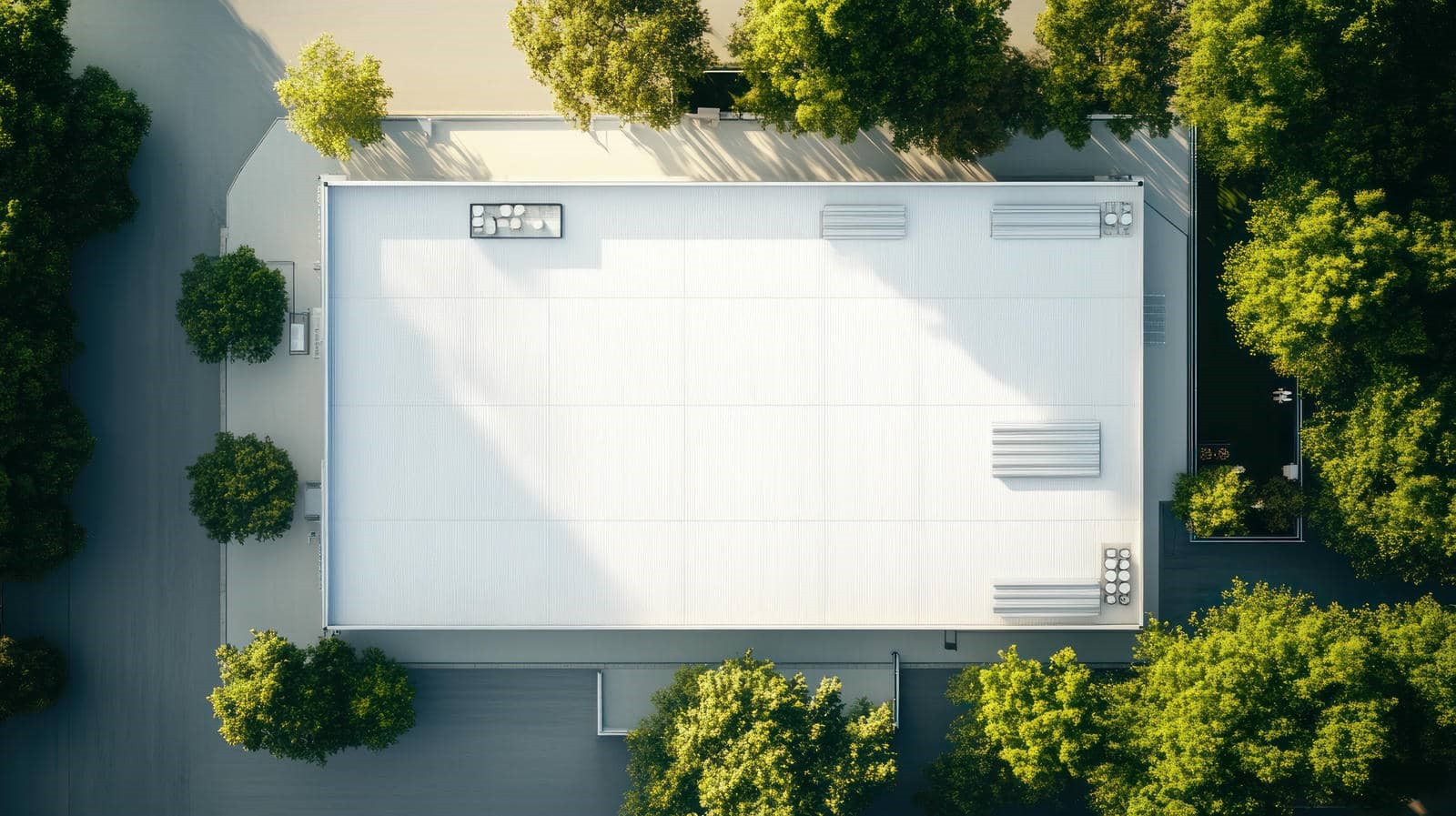 A rectangular white rooftop surrounded by green trees casting shadows.