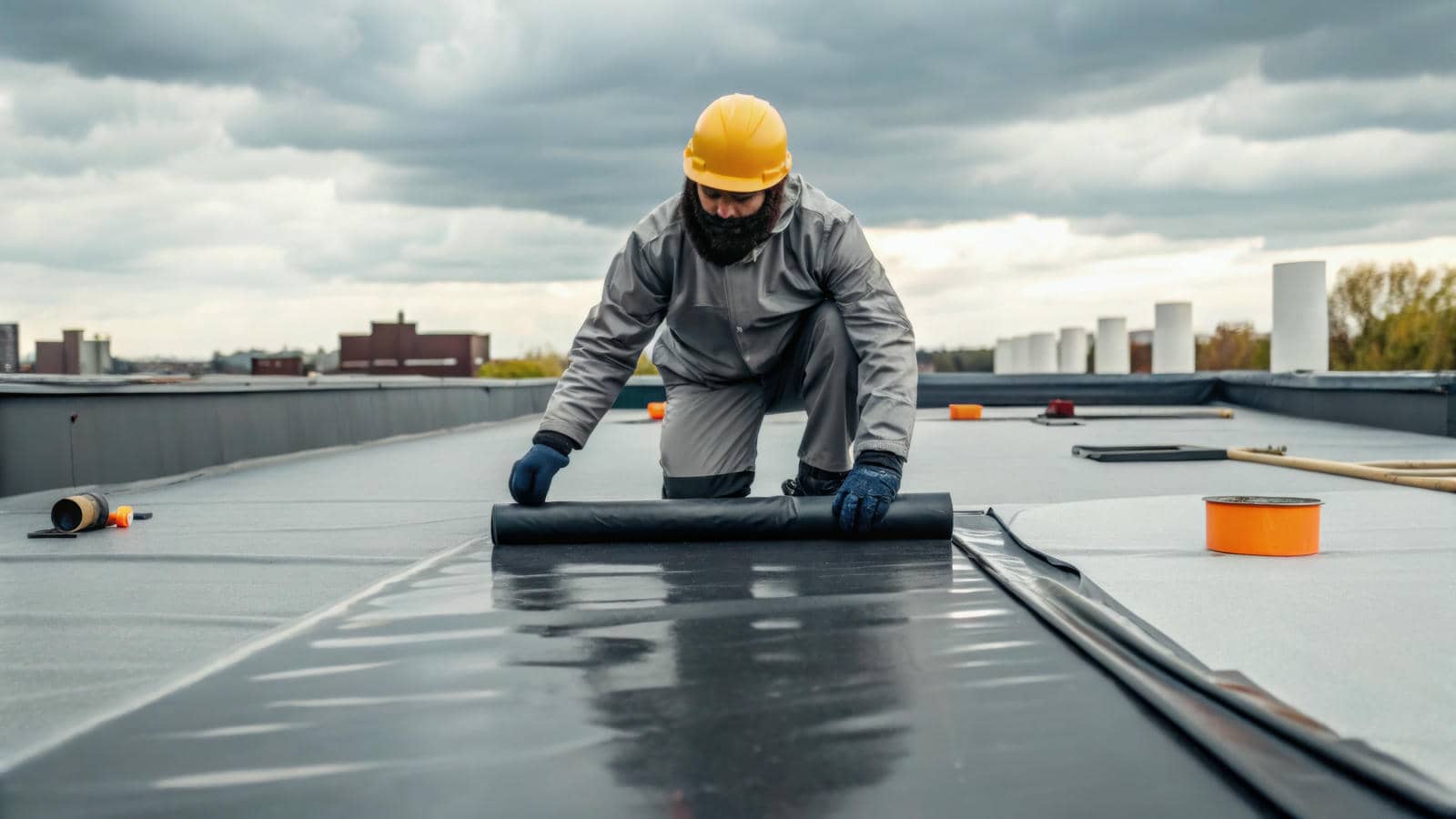 Worker applying material on flat roof.