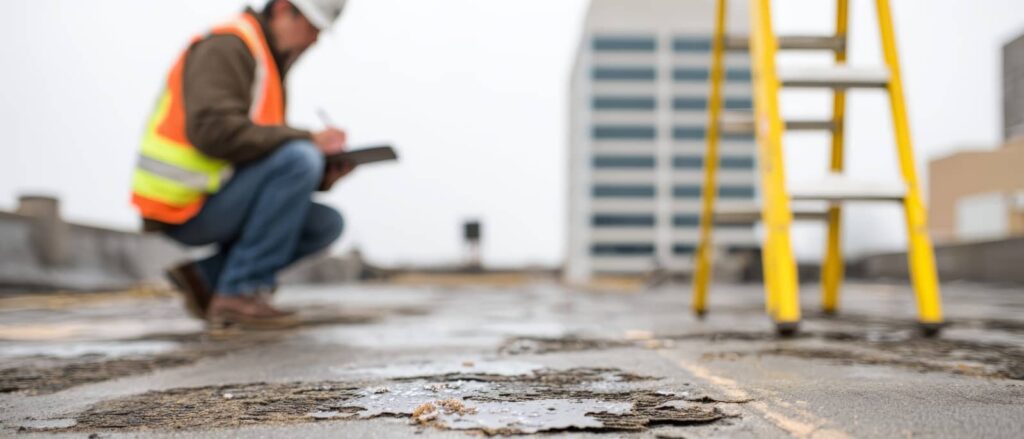 Construction worker inspecting a damaged rooftop beside a ladder.