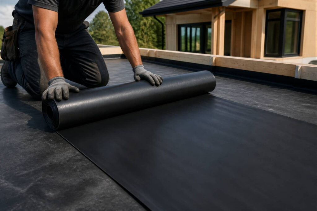 Worker unrolling black roofing membrane on a flat roof.