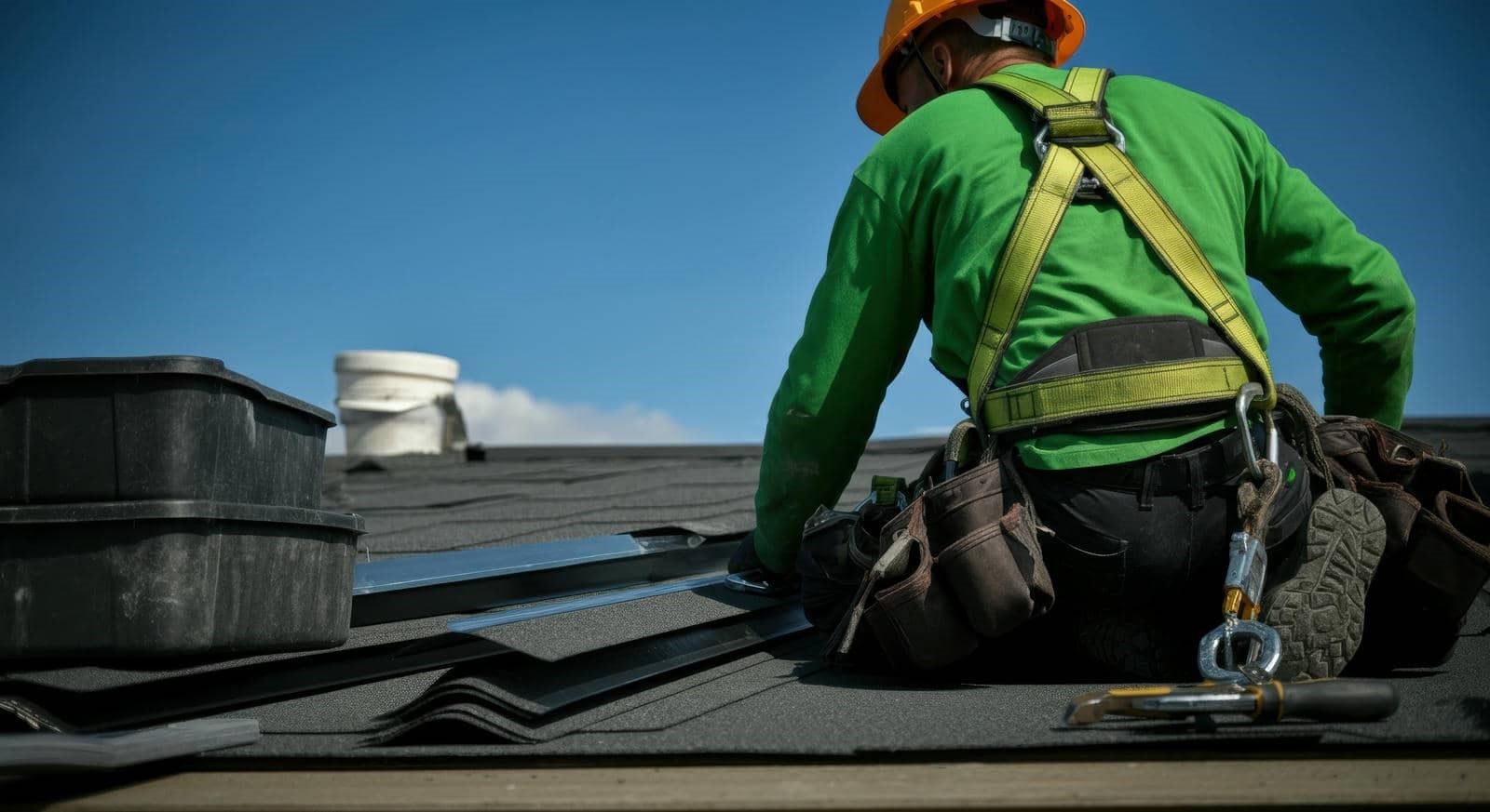 Roofer in safety harness installs shingles on a roof under clear blue sky.