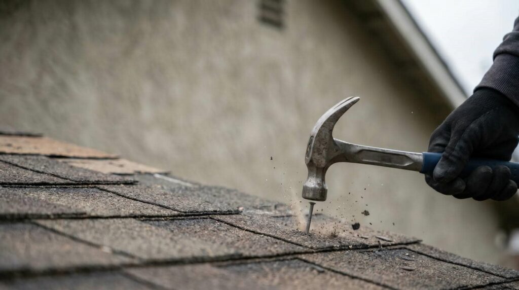 Hand with black glove using a hammer to drive a nail into a roof shingle.