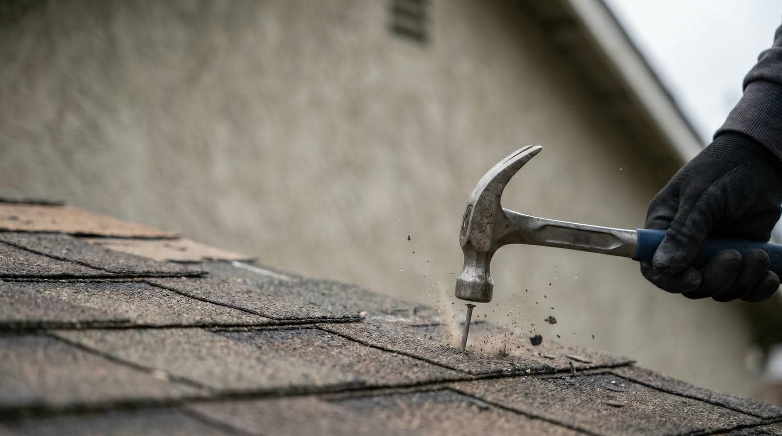 Hand with black glove using a hammer to drive a nail into a roof shingle.