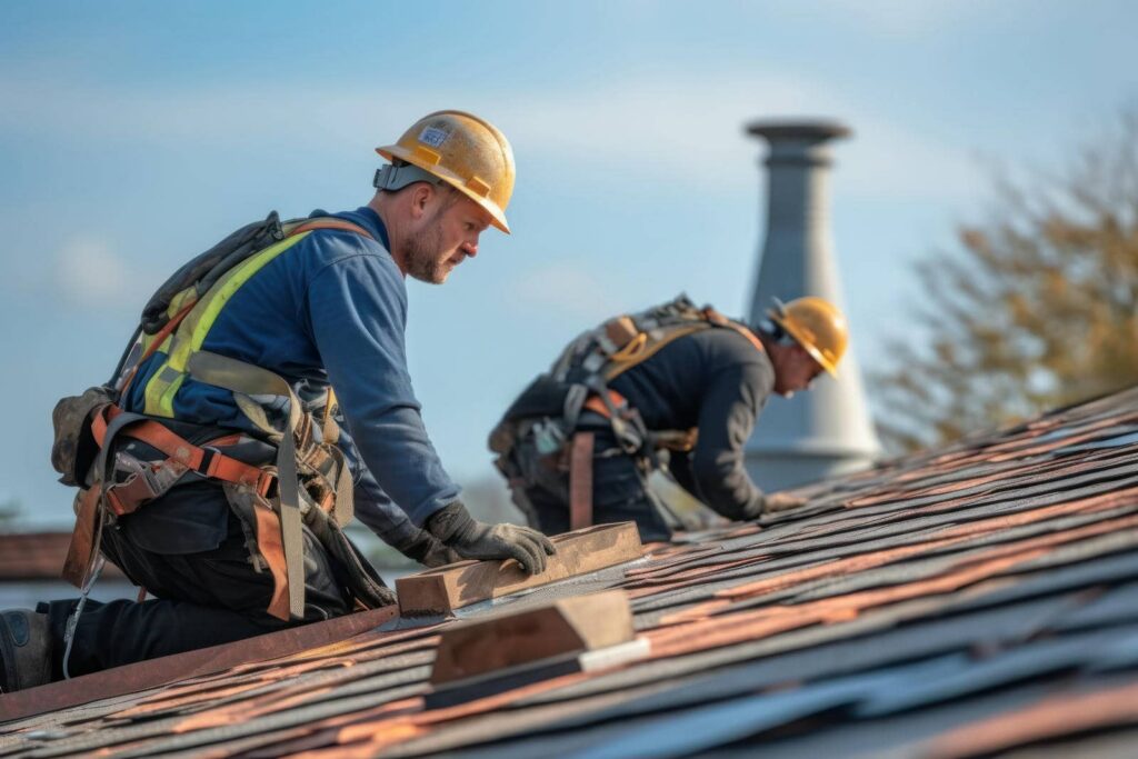 Workers installing roofing materials outdoors.