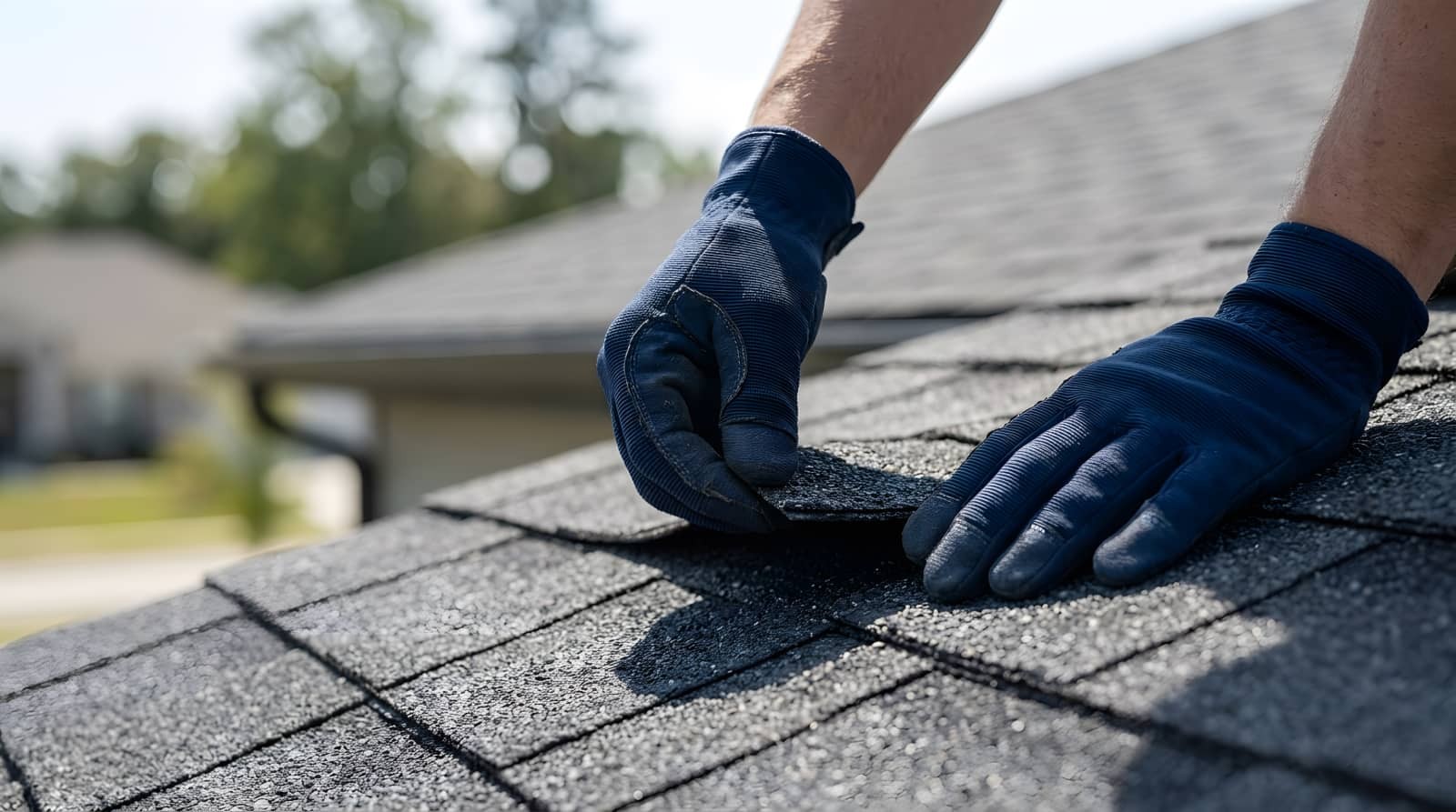 Gloved hands repairing roof shingles.