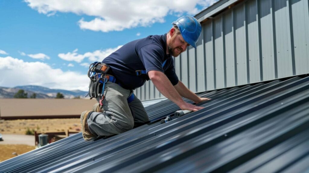 Construction worker wearing a blue helmet kneels while working on a metal roof under a partly cloudy sky.