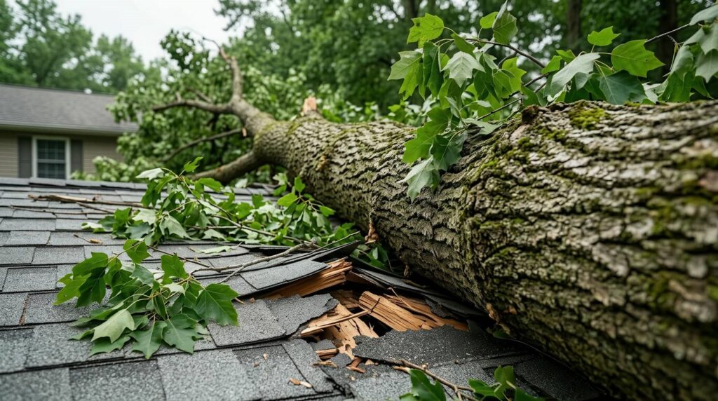 Large tree fallen on roof, causing broken shingles and wood damage.