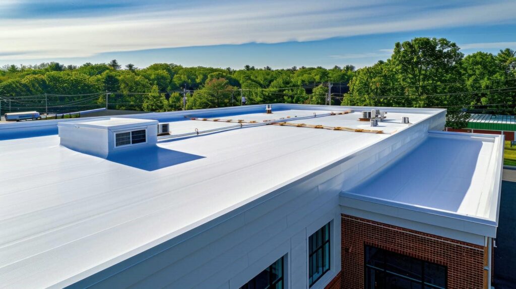 Flat white commercial building roof with HVAC units and green trees in the background.