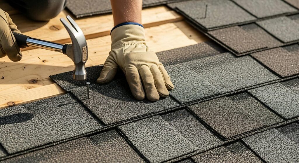 A person wearing gloves nails asphalt shingles onto a wooden roof.