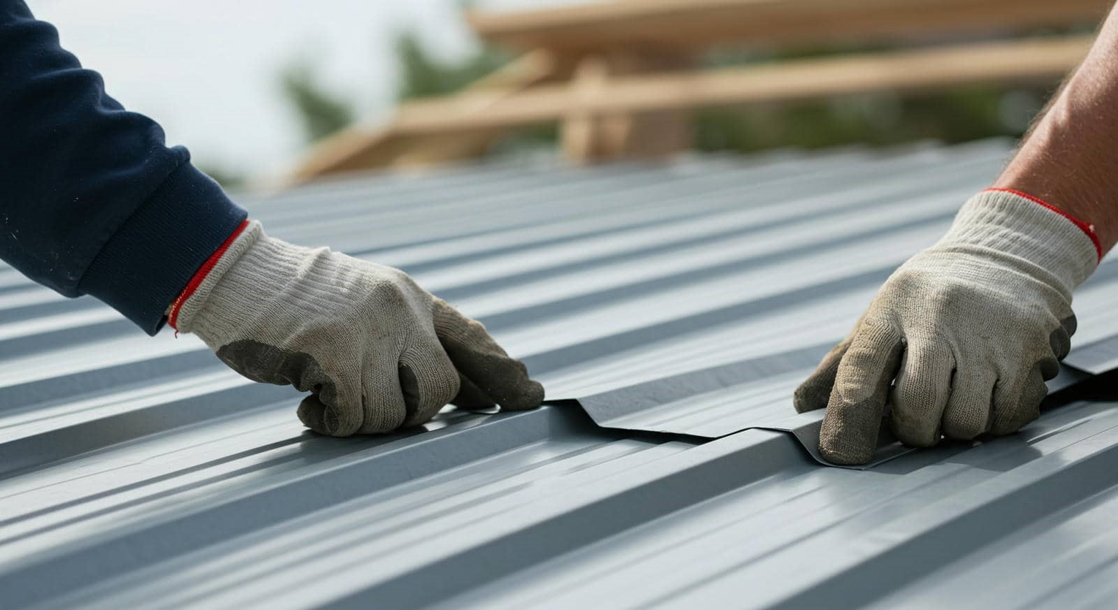 Two gloved hands installing or adjusting metal roofing panels.